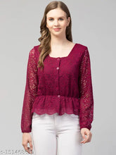 Long-sleeved floral bishop sleeve peplum lace top, self-design net, M size (36in bust, 22in length)