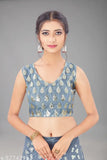 Heavy net grey frilled mirror work Lehenga Choli with lace border dupatta, embellished Indian bridal wear semi-stitched
