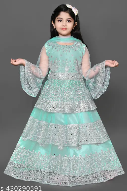 Red embroidered net lehenga choli for girls, stylish Indian attire with long sleeves