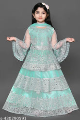 Red embroidered net lehenga choli for girls, stylish Indian attire with long sleeves