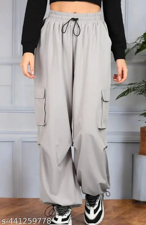 Multi-pocket cargo pant, poly blend, elastic waist, women's casual lounge wear - comfortable and stylish cargo pants from India