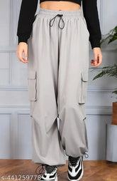Multi-pocket cargo pant, poly blend, elastic waist, women's casual lounge wear - comfortable and stylish cargo pants from India