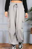 Multi-pocket cargo pant, poly blend, elastic waist, women's casual lounge wear - comfortable and stylish cargo pants from India