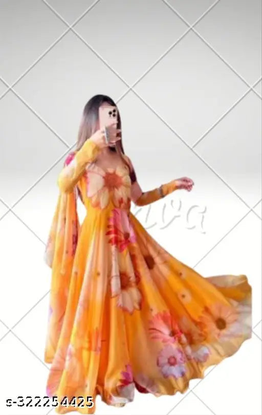 Georgette long-sleeve round neck printed party dress with matching dupatta, suitable for formal events and weddings