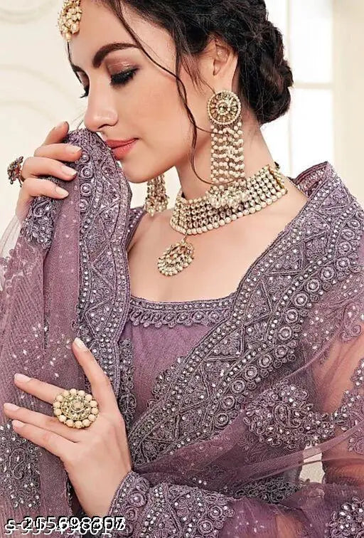 Embroidered net lehenga-choli set with blouse piece, semi-stitched (42 Waist, 41 Length), Indian designer wear