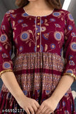 Maroon rayon anarkali gown for women, three-quarter sleeves, printed design. Perfect for casual and regular wear, comfortable all day long