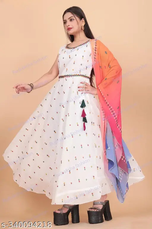 Chanderi cotton sleeveless printed net dress, vibrant Indian ethnic wear