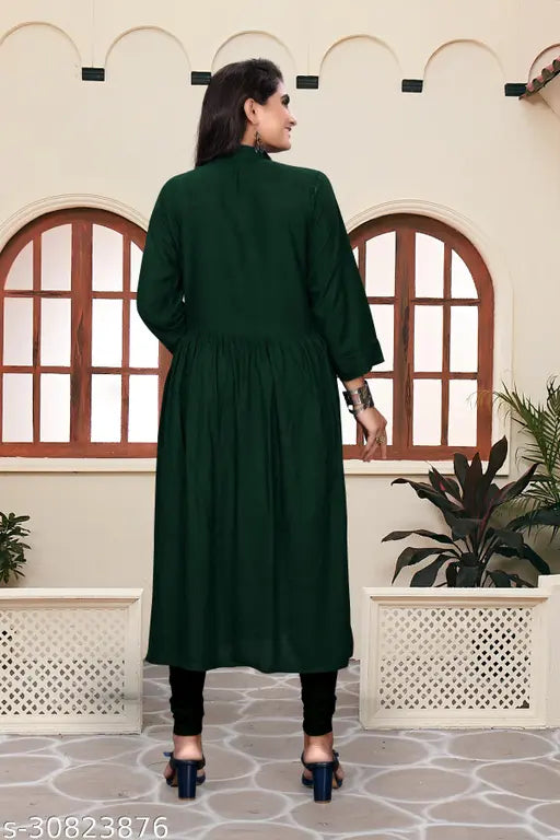 Rayon embroidered three-quarter sleeve fancy kurtis, single sizes: M (bust size: 38in), L (bust size: 40in), XL (bust size: 42in), Indian handcrafted apparel