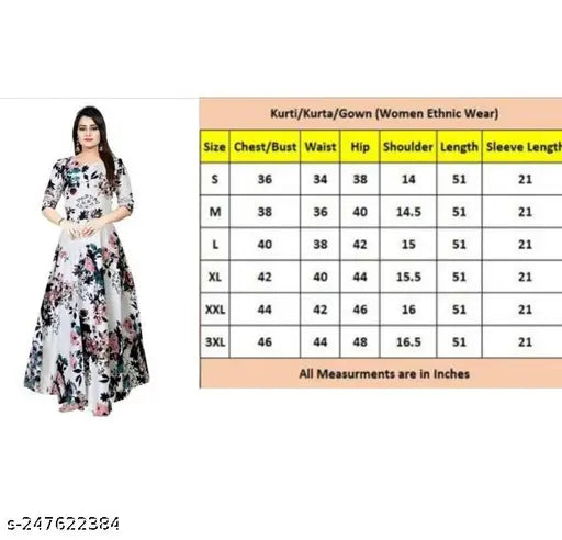 White rayon Anarkali gown with three-quarter sleeves and floral print, popular girls' fashion for parties or festivals