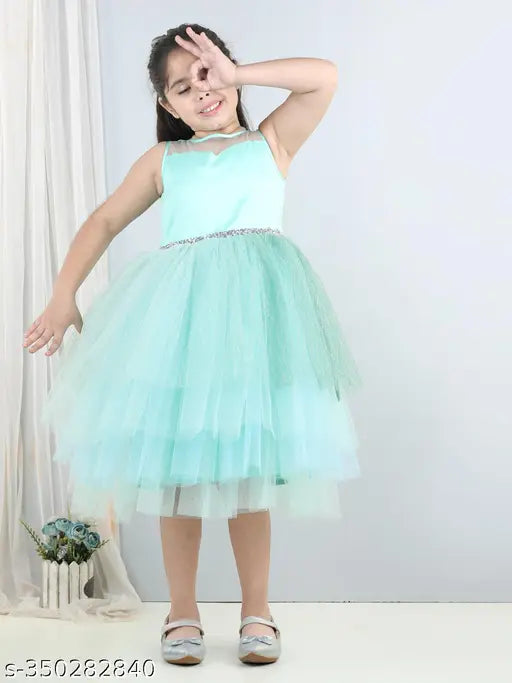 Green net embellished girls' party dress, knee-length, suitable for 1-2 years old (size 22in bust, 20in length)