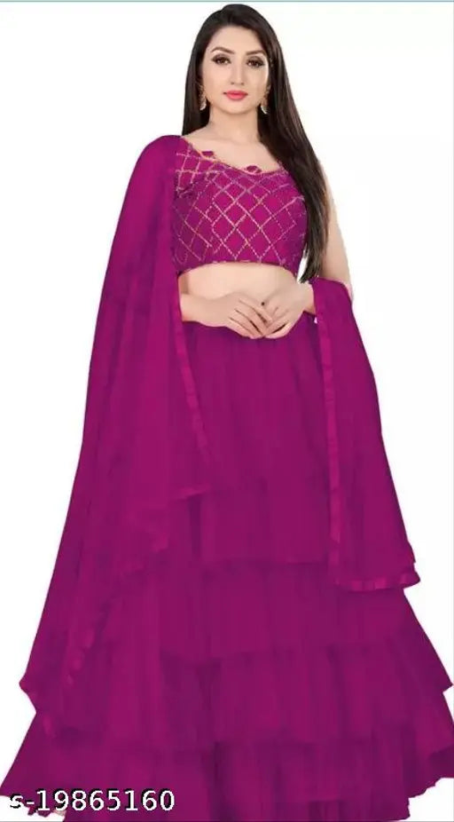 Trendy superior women's silk lehenga with net bottom and embroidered top, solid dupatta with lace details, semi-stitched or unstitched, Indian handcrafted