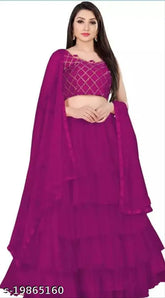 Trendy superior women's silk lehenga with net bottom and embroidered top, solid dupatta with lace details, semi-stitched or unstitched, Indian handcrafted