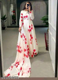 Red floral print Georgette stitched A-line gown, long sleeves, Indian partywear