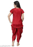 Maroon satin Patiala nightsuit with short sleeves, perfect for casual wear or custom-fit. Indian-made ethnic women's nightdress