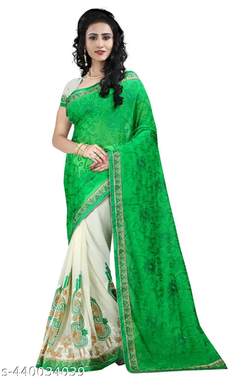 Green Georgette Krishna Embroidery Half-N-Half Saree, free size, soft Bollywood style embroidered blouse