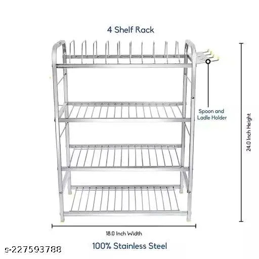Stainless Steel 4 Shelf Kitchen Dish Rack, modern storage solution (24x18 Inch) for utensils and draining dishes, made in India