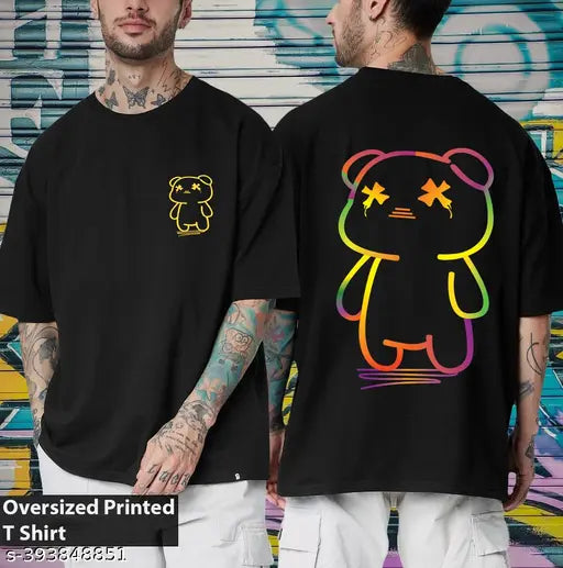 Manlino mens black cotton graphic oversized t-shirt, perfect for men's casual wear or sports activities. Oversize fit, ideal for XS to XXXL sizes
