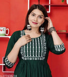 Rayon embroidered Anakali Kurti, single solid color, 3-quarter sleeve length, S-XXL sizes available (India-made)