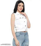 White denim sleeveless collar neck women's regular jacket, solid design by New Classsic Enterprises from India