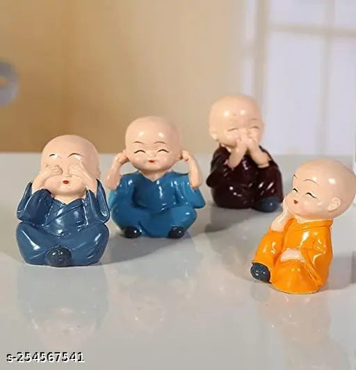 Brass Buddha Monk showpiece set (4 pieces) - Indian-crafted decorative figurines for home or office