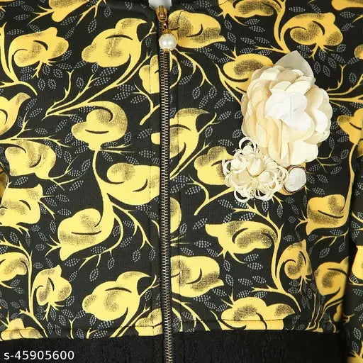 Black cotton blend Truffles Girls hoodie jacket with full sleeves, yellow front print, zipper closure. Size 5-6 Years. Made in India