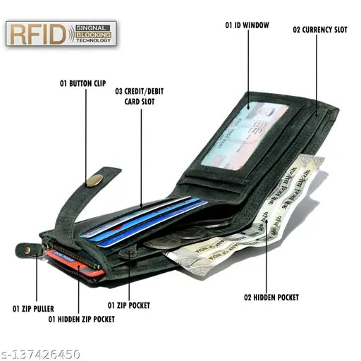 Black genuine leather RFID wallet with 12 slots, solid design, and zipper coin pocket. Perfect for men's casual wear