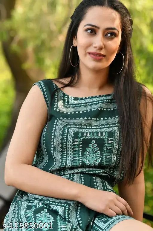 Printed rayon emerald jumpsuit, sleeveless, green, Indian craftsmanship
