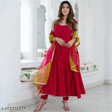 Pink flower rayon kurta set with dupatta and pants, solid pattern on display