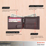 Brown genuine leather RFID wallet with 9 card slots, solid pattern, and 2 transparent windows. Sleek and stylish accessory for men's formal occasions