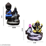 Black polyresin-marble dust Lord Ganesh and Buddha idols set with free incense cones, ideal for spiritual spaces