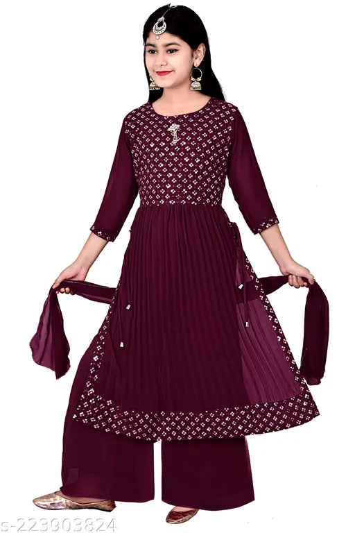 Purple Georgette Anarkali Sharara Set with Floral Prints for Kids, best ethnic quality