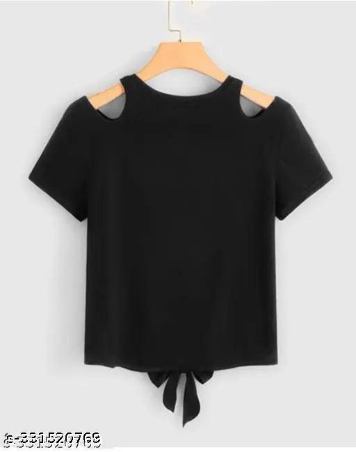 Black crop top with angel baby print, lycra material, short sleeves, size N, India origin