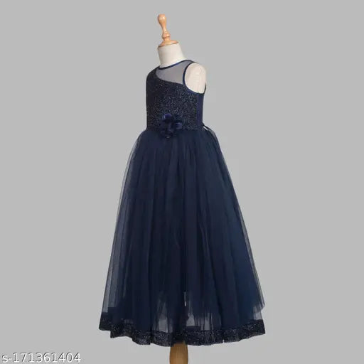 navy-blue embellished net party dress for kids, toy balloon full length, 1-2 years size