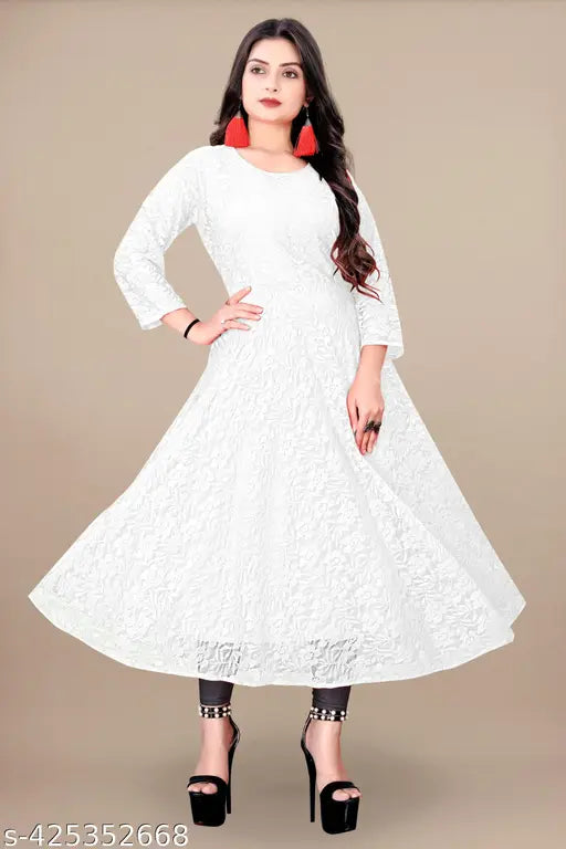 Classy net three-quarter sleeve floral dress, trendy designer collection for women, self-design, knee-length, India origin