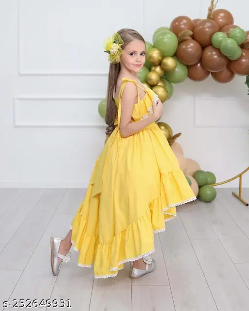 4-6 years girls' solid cotton frock dress, high-quality crew neck and ruffled hem, perfect party gown