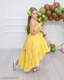 4-6 years girls' solid cotton frock dress, high-quality crew neck and ruffled hem, perfect party gown
