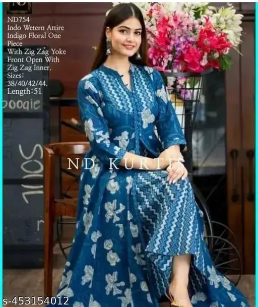Stylish cotton flared kurti palazzo set with printed net pattern, three-quarter sleeves, single size available for S-XXL. India origin