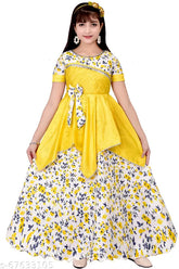 Ethnic cotton blend gown, printed net with short sleeves, vibrant light green shade for kids (5-6 years) - Indian handloom fashion