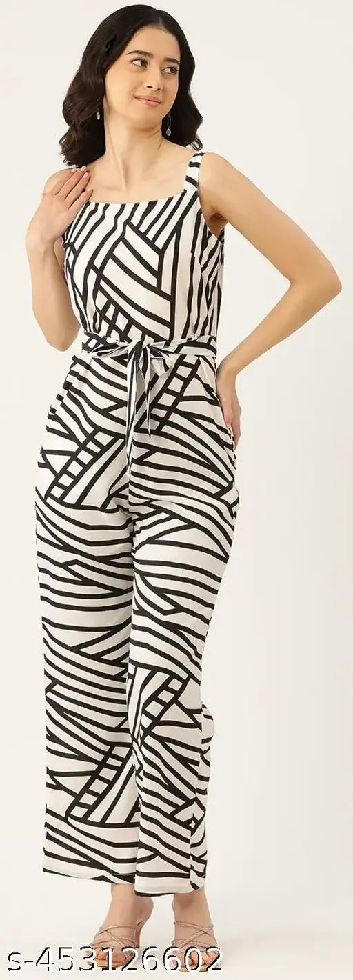 White and black printed crepe sleeveless jumpsuit with waist tie-ups, size S, machine washable