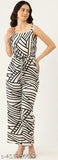 White and black printed crepe sleeveless jumpsuit with waist tie-ups, size S, machine washable