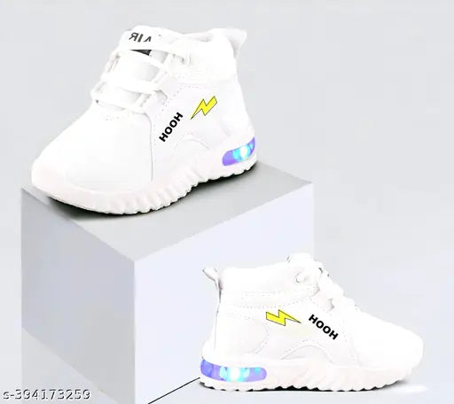 White canvas and PU lighting shoes for kids, embellished net pattern, ideal for boys and girls, comfortable daily wear