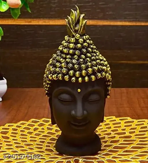 Black resin Gautam Buddha head idol showpiece statue, height 14cm, length 6cm, from Haridwar. Feng Shui decor piece with intricate details