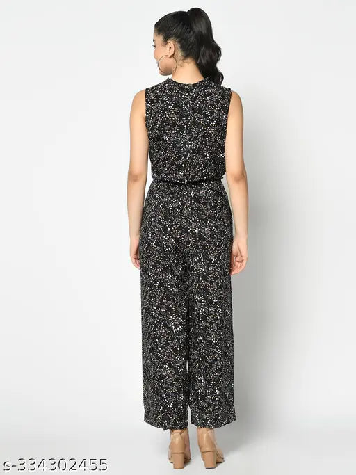 Black embellished net jumpsuit (XS-XXL), soft polycotton, wide-leg silhouette, round neck, self-tie belt, best seller fashion piece