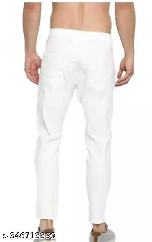 Men's white denim knee-slit jeans, solid pattern, size 28/30/32 from India