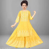 Embroidered rayon kurta and sharara set for girls, A-line with three-quarter sleeves, sizes 4-5 to 16 years old, Indian embroidery design