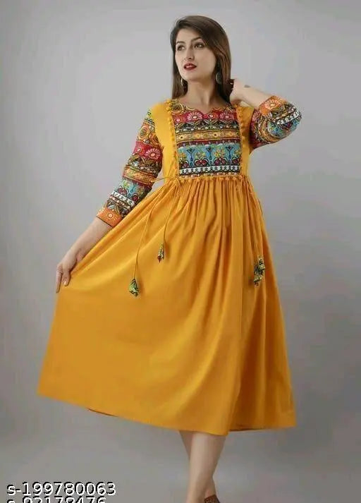 Yellow rayon three-quarter sleeve kurti, solid design, beautiful Indian fashion