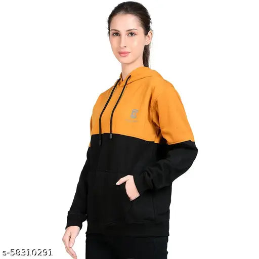 Mustard Orange & Black women's cotton blend hoodie, kangaroo pocket, pullover. Comfortable fleece knit, urban styling, easy-wear all season