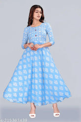 White and silver foil print, three-quarter sleeve cotton blend flared kurti for winter - M (38in bust), available in larger sizes