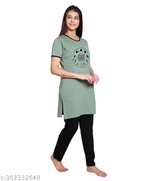 AZF Summer Nightwear round neck, chest print nightsuit for women & girls (M-XXXL). Lightweight, breathable cotton blend, perfect for summer. Soft, stretchy, comfortable. Indian origin