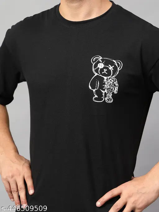 Mens oversized cotton T-shirt with round neck, stylish printed design. Short sleeves, drop-shoulder design. Made in India